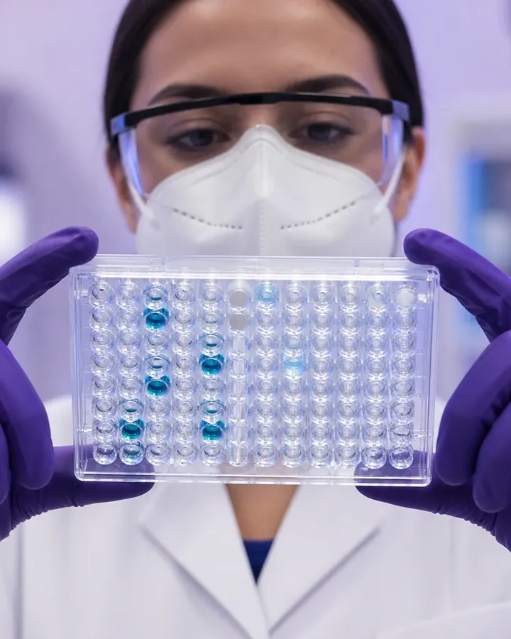 Farmacêutica manipulando em bancada de laboratório